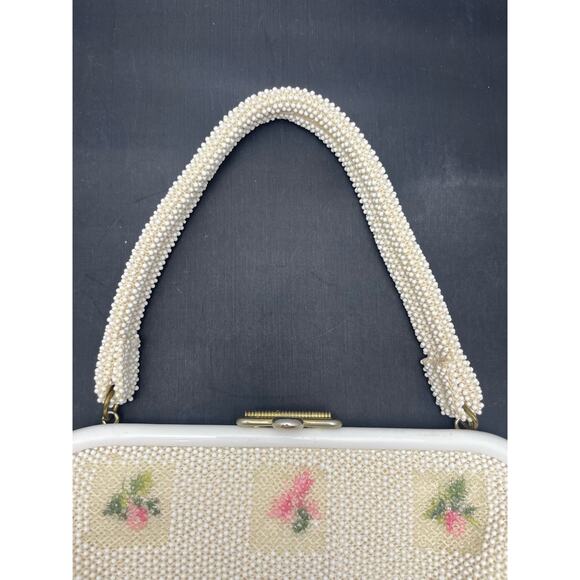 Romantic 60's White Pink Daisy Beaded White Floral Flower Handbag Purse - Picture 4 of 7